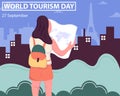 illustration vector graphic of a woman holding a map, showing the silhouette eiffel tower