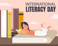 Illustration vector graphic of a woman is lying on a book reading a book, showing lined up book