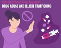 illustration vector graphic of a woman pushing away drugs and injections by hand