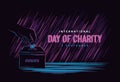 Illustration vector graphic of world charity day concept with hand holding money, donating on dark neon style. Perfect for web