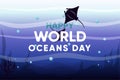 Illustration vector graphic of world oceans day concept. Manta ray black silhouette. Underwater blue background with text and