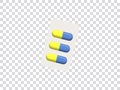 Illustration vector graphic of yellow and blue pills in blister packaging isolated on transparent background. Transparent grid. Royalty Free Stock Photo