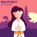 Illustration vector graphic of young woman praying in temple forest