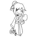 illustration vector hand drawn doodle of girl wearing traditional japanese clothing and eating candy Royalty Free Stock Photo