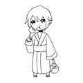 illustration vector hand drawn doodle of girl wearing traditional japanese clothing and eating candy. Royalty Free Stock Photo