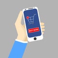 An illustration vector of hand holding smartphone with one item on cart and buy now button on the screen. Online shopping and E- Royalty Free Stock Photo