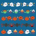 Set of seamless Halloween borders. Tape template. Vector illustration isolated on white. Ghost, trick or treat sweets, skull. Flat Royalty Free Stock Photo