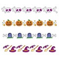 Set of seamless Halloween borders. Tape template. Vector illustration isolated on white. Ghost, trick or treat sweets, skull. Flat Royalty Free Stock Photo