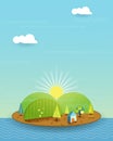 Illustration vector, House on peaceful island, Sun with blue sky
