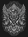 Basic RGBIllustration vector Lion head with vintage engraving ornament on black background Royalty Free Stock Photo