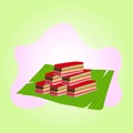 Illustration vector of Malaysia dessert, Kuih Lapis or colorful glutinous rice layer cake on banana leaves