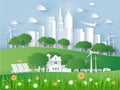 Illustration vector of modern eco city world environment and happiness family Royalty Free Stock Photo