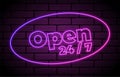 Illustration of Vector Neon Sign. Open 24 Hours Glowing Neon Frame. 24 7 Retro Neon Sign Royalty Free Stock Photo