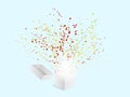 Popper, confetti, paper shoot explode from white box