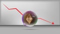 Illustration vector of realistic golden ethereum coin in transparent bubble with falling graph