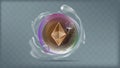 Illustration vector of realistic golden ethereum coin in transparent colorful bubble with water splashing