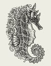 Seahorses with rose flower monochrome style