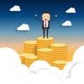 Illustration vector of a successful business man standing on top of coin mountain lifting up both hand Royalty Free Stock Photo