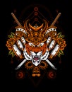 Illustration vector tiger samurai head with rose flower