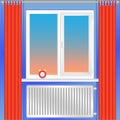 Window, curtains, heating radiator, alarm clock