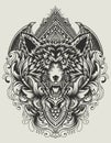 Illustration vector wolf head with vintage engraving ornament Royalty Free Stock Photo