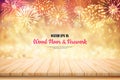 Illustration Vector Wood table floor and Amazing Beautiful firework on glitter bokeh blurred background for celebration