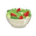 Illustration of vegetable salad in bowl. Fresh green salad leaves, tomato and cucumber slices In cartoon simple flat style.