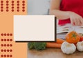 Illustration with vegetables, woman reading cookery book, blank rectangle and orange stripe Royalty Free Stock Photo
