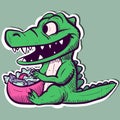 Illustration of a vegetarian alligator being excited about a bowl of greens. Vector of a green crocodile eating a salad.
