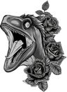 monochromatic illustration of velociraptor head with roses flower Royalty Free Stock Photo