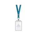 Flat vector design of vertical plastic holder with ID card Template of identification badge with blue neck strap