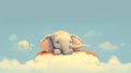 Illustration of A very cute little elephant lies on the clouds. Image of a cute, minimalist watercolor style. Generative ai