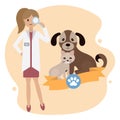 Illustration of a veterinary hospital, a female veterinarian, a dog and a cat. Clip art, animal treatment design Royalty Free Stock Photo
