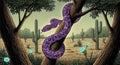 Purple Python Coiled on Tree Branch in Arid Desert Landscape Illustration Royalty Free Stock Photo