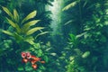 Captivating Painting of Lush Rainforest Vegetation with Dense Canopies and Elegant Orchids