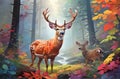 An illustration of vibrant white tailed deer in colorful forest