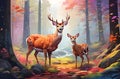 An illustration of vibrant white tailed deer in colorful forest