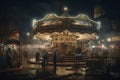 illustration, a victorian fairground at night, many rides, many people, ai generative