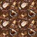 Seamless pattern with different coffee drinks and sweets on dark background. Royalty Free Stock Photo