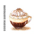 Illustration of Viennese coffee with whipped cream sprinkled with chocolate chips in a glass cup. Royalty Free Stock Photo