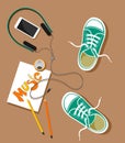 Illustration with a view from above of sneakers, phone, headphones and drawing with pencils and a drink in the style of flat