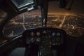 illustration, view of the city at night from a height, in the cockpit of an airplane, generative ai