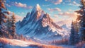 illustration of a view of a mountain with sunny weather and warm morning light