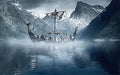 Viking ship in intense fog preparing to set sail from Scandinavia