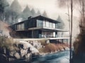 Illustration of a villa with a modern architecture built on rocky land.