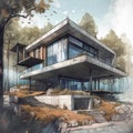 Illustration of a villa with a modern architecture built on rocky land.