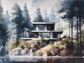 Illustration of a villa with a modern architecture built on rocky land.