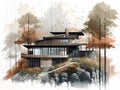 Illustration of a villa with a modern architecture built on rocky land.