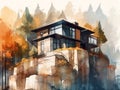 Illustration of a villa with a modern architecture built on rocky land.