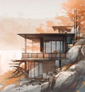 Illustration of a villa with a modern architecture built on rocky land.